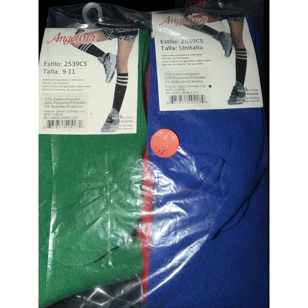 Angelina Knee High Socks Unisex Green-blue-Red W/Stripes 9-11 77% Cotton 3 Pairs